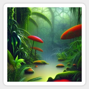 Digital Painting Of a Lush Wet Natural Jungle and Lake Sticker